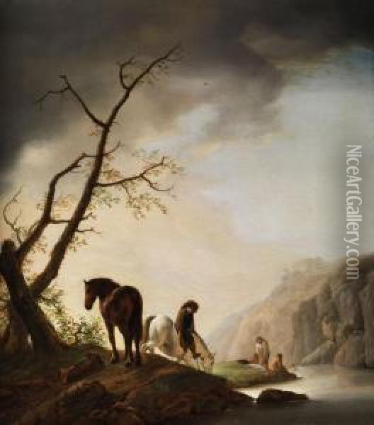Pferdehirte Auf Weissem Schimmel In Betrachtung Badender Frauen An
Einem Fluss Oil Painting - Adriaen van Eemont