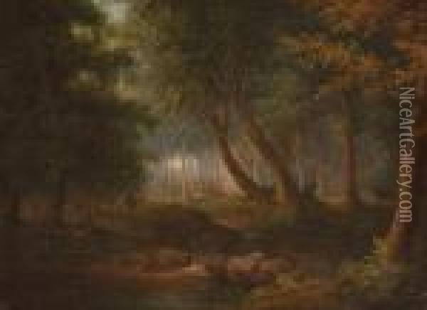 Figures In A Wooded Landscape Oil Painting - James William Giles