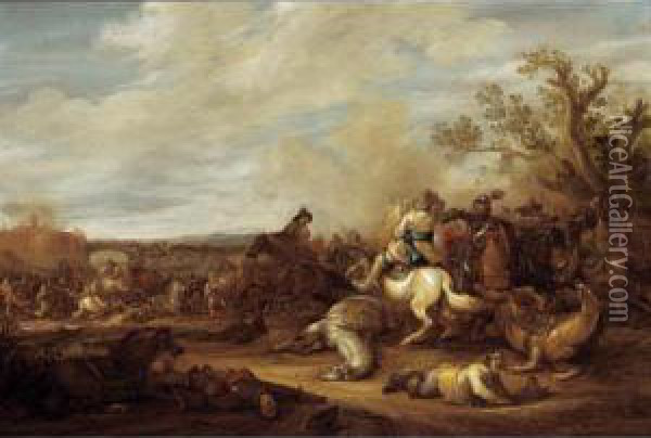 A Cavalry Battle Scene Before A Fortified Town Oil Painting - Abraham van der Hoef