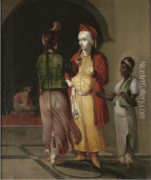 Two Moorish Courtesans And A Servant In An Archway Oil Painting - Cornelis De Bruyn