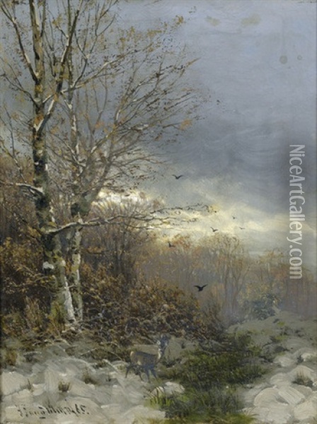 Reh In Einer Winterlandschaft Mit Birken Oil Painting - Johann Jungblut