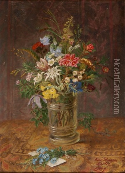 Alpenblumen In Einer Glasvase Und Billet Mit Vergissmeinnichtstrausschen Oil Painting - Anna Stainer-Knittel