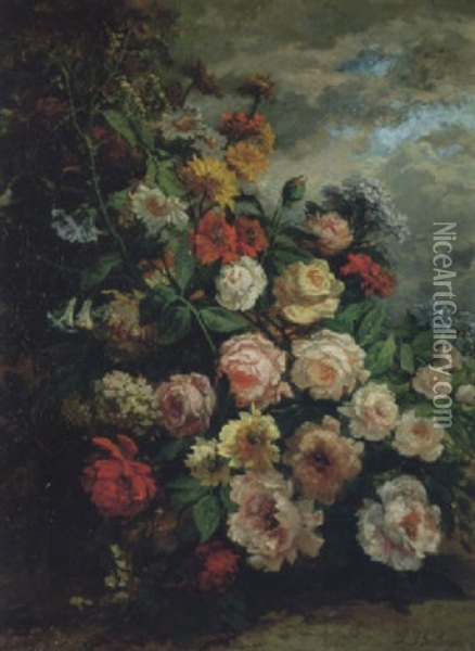 Composition Aux Roses Et Dahlias Sur Fond De Paysage Oil Painting - Louis Jean Baptiste Boulange