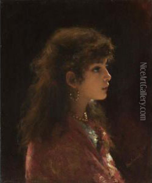 Young Girl In Profile Oil Painting - Alexei Alexeivich Harlamoff