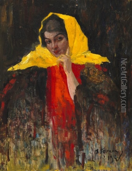A Russian Woman With A Yellow Shawl Oil Painting - Ilya Abramovich Grinman