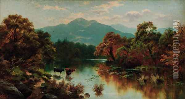 Cattle watering in a mountainous landscape Oil Painting - Edgar Longstaffe