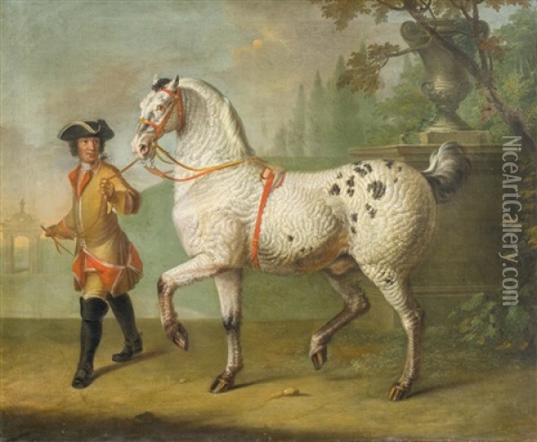 Lipizzanerhengst Mit Krausem Grauen Fell, Prasentiert Von Einem Stallburschen Oil Painting - Johann Georg de Hamilton
