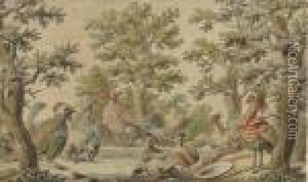 Fantastic Birds Frolicking In A Wooded Landscape Oil Painting - Daniel the Elder Marot
