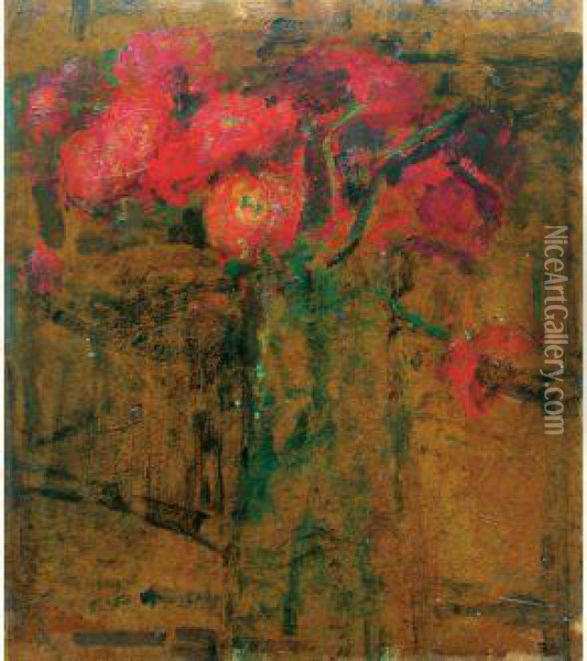 Bouquet De Fleurs Dans Un Vase Vert Oil Painting - Olga Boznanska