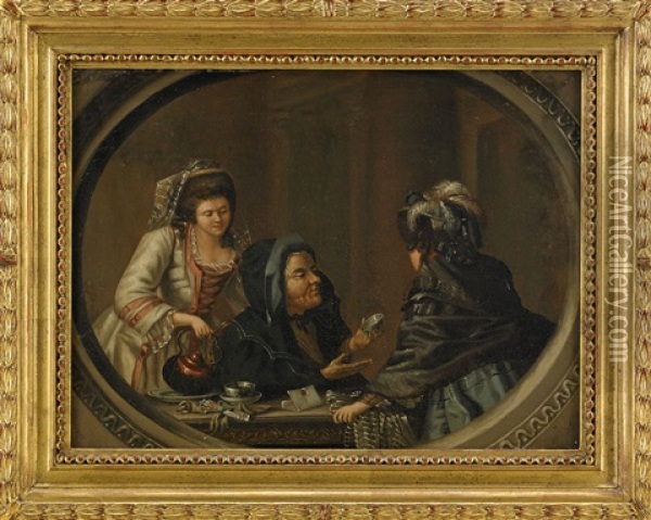 Kvinna Spar I Kaffesump - Knastycke I Malad Oval Infattning Oil Painting - Pehr Hillestroem