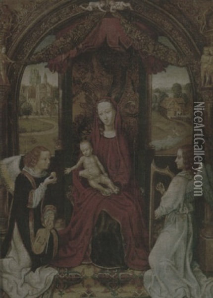 The Madonna And Child Enthroned, Attended By Angels Playing Musical Instruments Oil Painting - Hans Memling