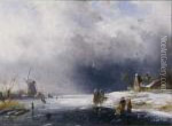 A Winter Landscape With Figures On The Ice Oil Painting - Charles Henri Leickert