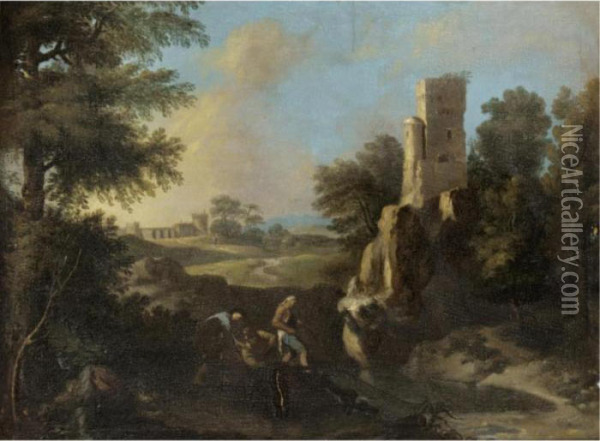 Landscape With Fishermen Near A Ruined Tower Oil Painting - Andrea Locatelli