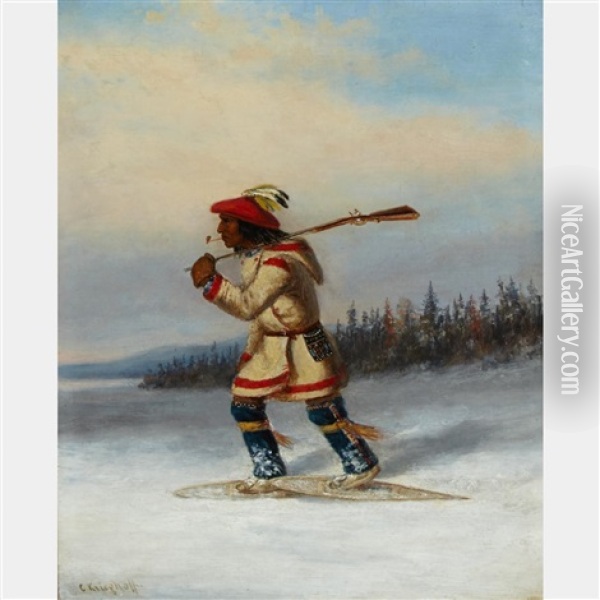 Huron Indian Trapper On Snowshoes Oil Painting - Cornelius David Krieghoff