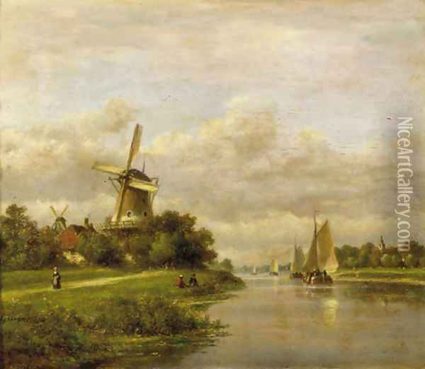 A summer landscape with vessels on a river Oil Painting - Lodewijk Johannes Kleyn
