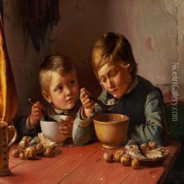 Two Boys At Dinner Oil Painting - Michael Ancher