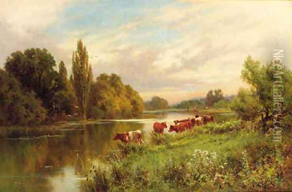 Cattle watering by a tranquil river Oil Painting - Henry Hillier Parker