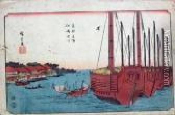Fukagawa Tsukudajima From Toto Meisho Oil Painting - Utagawa or Ando Hiroshige