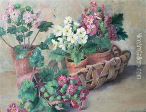 Still Life With Flowers In A Basket Oil Painting - Anna L. Coy