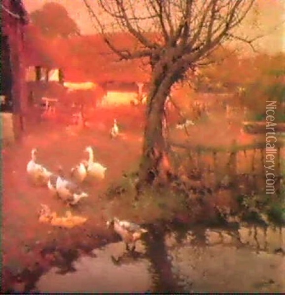 Ducks In A Farmyard At Sunset Oil Painting - Frederick Hall