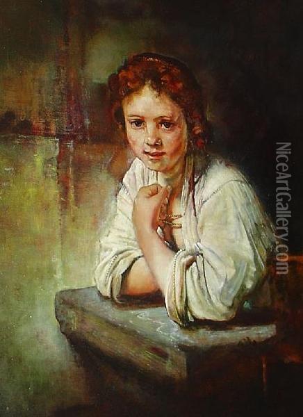 Girl Leaning On A Ledge Oil Painting - Rembrandt Van Rijn
