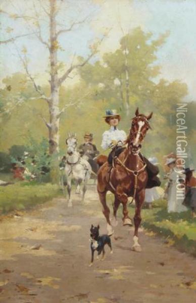 Passeggiata A Cavallo Nel Parco Oil Painting - Alfredo Tominz
