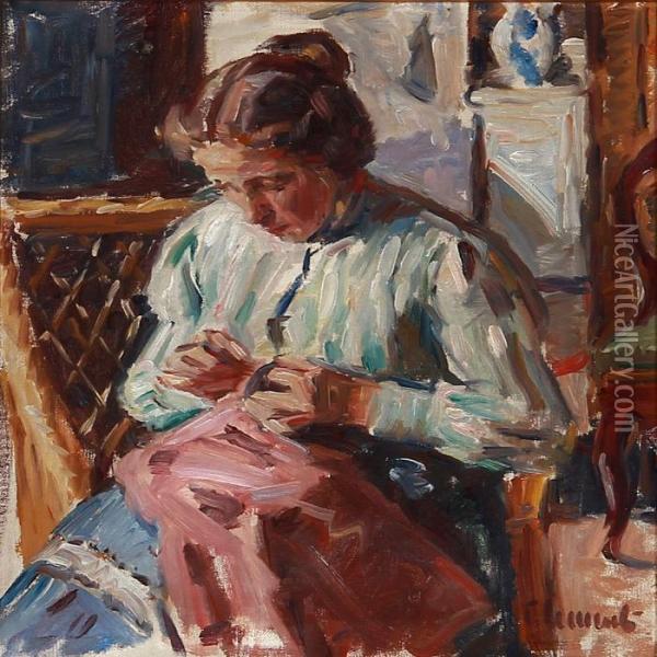 A Lady With Her Needlework Oil Painting - Gad Frederik Clement