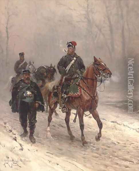 A Prussian hussar escorting a French prisoner on a winter track Oil Painting - Alphonse Marie de Neuville