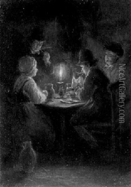 Figures At A Table By Candlelight Oil Painting - Gerrit Arnoldus van Merkesteijn