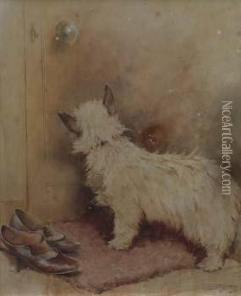 The First Foot'cairn Terrier Waiting At The Door Oil Painting - Andrew Scott Rankin