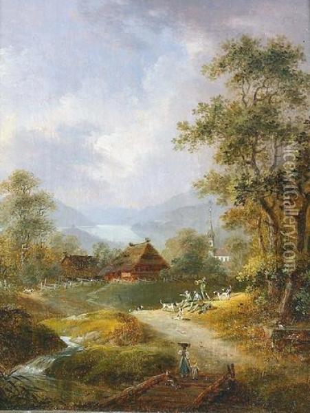 Jagdgesellschaft In Hugeliger Landschaft. Oil Painting - Franz Niklaus Konig