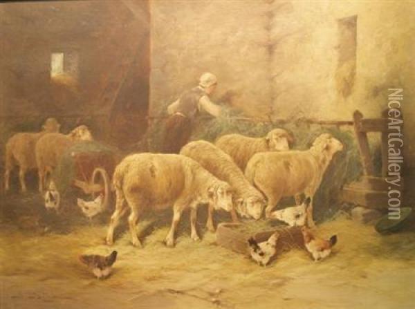 Sheepfold Oil Painting - Jules Bathieu