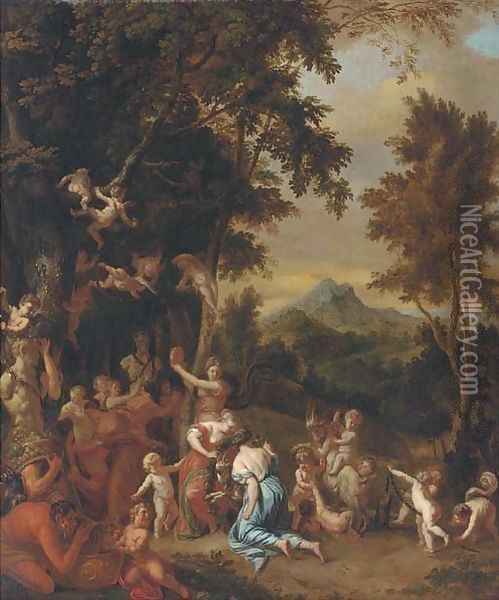 A bacchanal with nymphs, satyrs and putti before a herm Oil Painting - Jan van Neck
