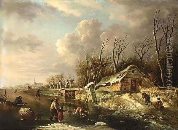 A Winter Scene With Skaters On A River, Two Children Sleigh Riding On A Oil Painting - Andries Vermeulen