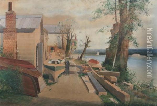 Boat Building Along The Potomac River Oil Painting - Gill W. Delancey