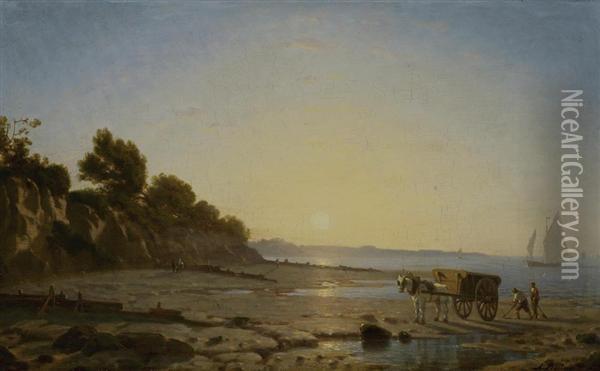 Abendstimmung Am Meer. Bauern Mit Fuhrwerk. Oil Painting - Amedee Rosier