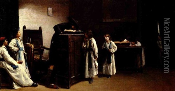 Rabbinical Students In A Classroom Oil Painting - Jacques Emile Edouard Brandon