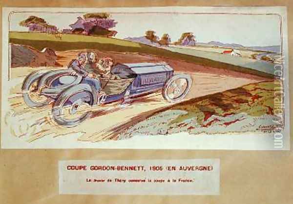 The Richard-Brasier car driven by Leon Thery during the Gordon-Bennett race in the Auvergne in 1905 1910 Oil Painting - Ernest Montaut