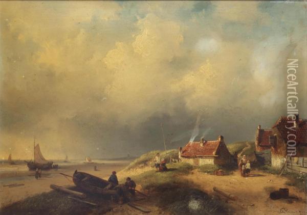 A Dune Landscape With Fisherfolk Oil Painting - Charles Henri Leickert