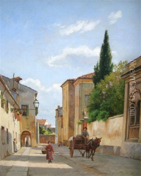 Figures And A Horse And Cart In A City Street Oil Painting - August Fischer