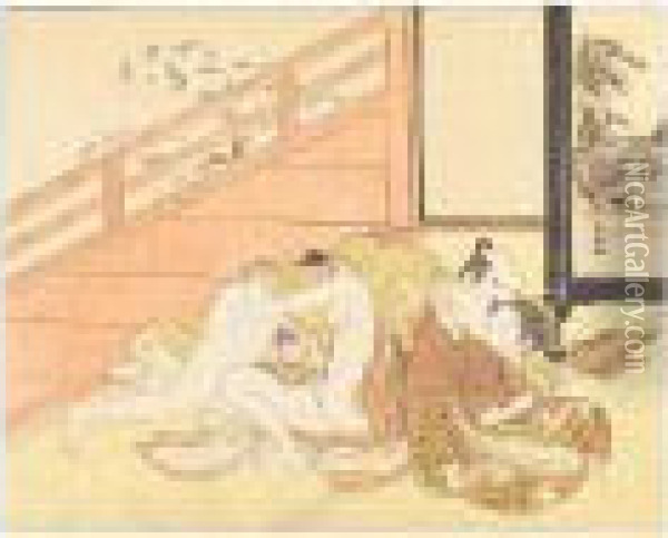 A Couple Making Love In
An Interior Opening To A Verandah, The Young Girl Trying To Thwart
The Advances Of The Man Seducing Her Oil Painting - Suzuki Harunobu