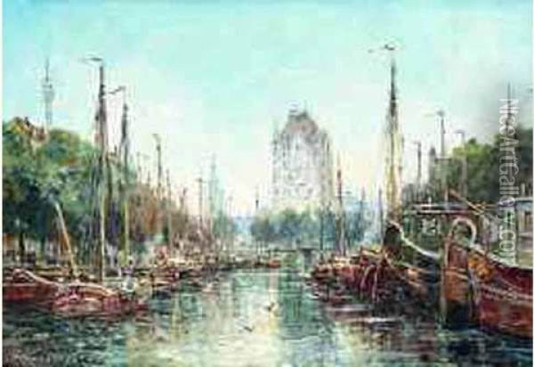 < Canal En Hollande >. Oil Painting - Gustave Mascart
