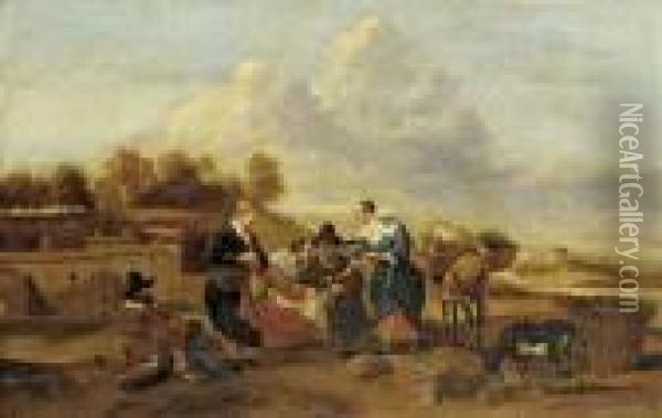 Figures In An Open-air Market Oil Painting - Hendrick Mommers