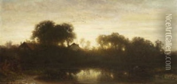 Dorf Am Weiher Im Abendlicht Oil Painting - Dietrich Langko