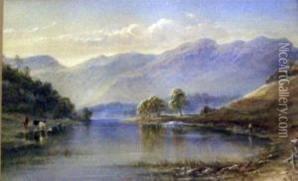 Figures And Cattle By A Lake, Mountains Beyond Oil Painting - Edward Tucker