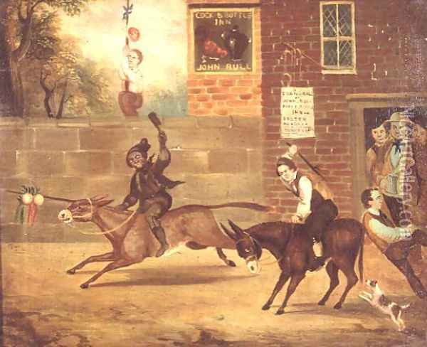 A Donkey Race outside the Cock and Bottle Inn Oil Painting - B. White
