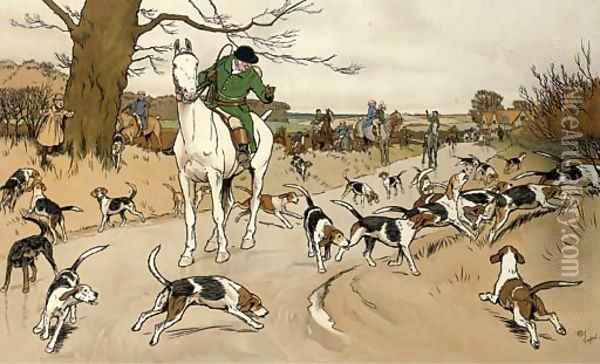 The Harefield Harriers - The check in the road Oil Painting - Cecil Charles Aldin