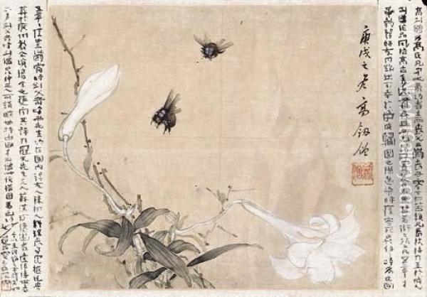 Lily And Bees Oil Painting - Gao Jianseng