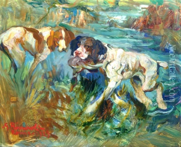 Giorno Di Caccia: Cani Con La Preda Oil Painting - Giuseppe Rivaroli