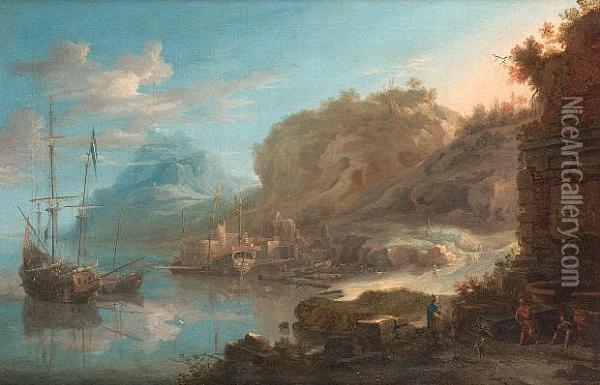 A Coastal Inlet With Moored Shipping And Figures On The Shore Oil Painting - Jan Peeters